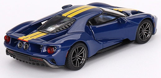 A 1/64 scale model of a Ford GT sports car in blue color with yellow stripes.
