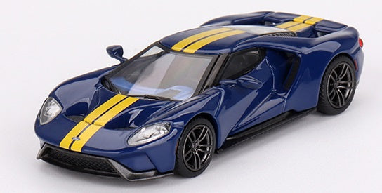 A 1/64 scale model of a Ford GT sports car in blue color with yellow stripes.