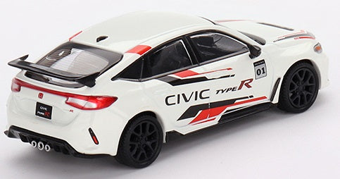 A 1/64 scale diecast metal model of a white Honda Civic Type R with red and black detailing.