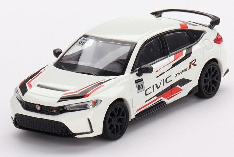 A 1/64 scale diecast metal model of a white Honda Civic Type R with red and black detailing.