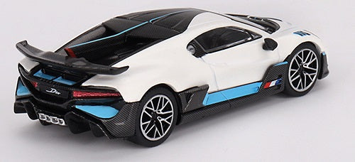 1/64 scale model of a Bugatti Divo in white with blue and black details.