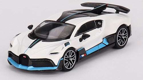 1/64 scale model of a Bugatti Divo in white with blue and black details.