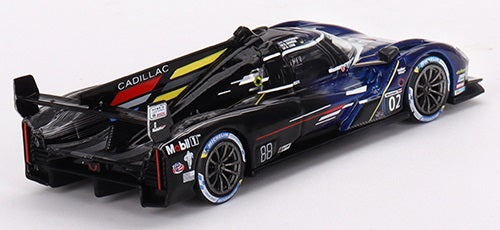 A 1/64 scale model of a Cadillac V-Series.R race car with number 02, black and blue color.