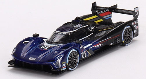 A 1/64 scale model of a Cadillac V-Series.R race car with number 02, black and blue color.