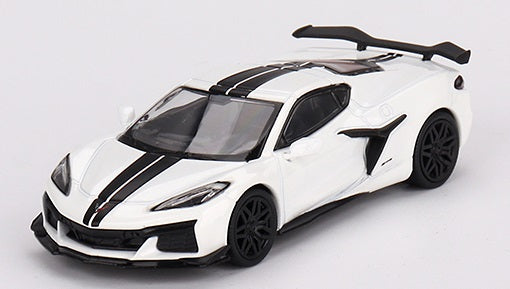 1/64 scale model of a white Corvette with black stripes and black wheels.