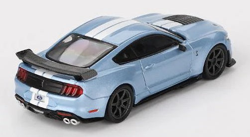 1/64 scale model of Mustang Shelby GT500 Heritage Edition in blue with 2 white stripes and black spoiler.