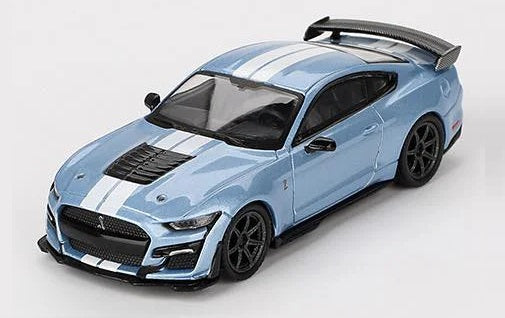 1/64 scale model of Mustang Shelby GT500 Heritage Edition in blue with 2 white stripes and black spoiler.