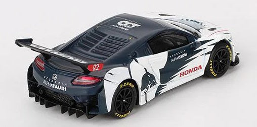 1/64 Scale model of Honda NSX GT3 EVO in dark gray and white paint scheme.