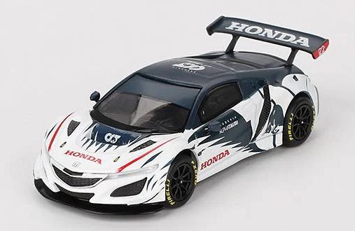 1/64 Scale model of Honda NSX GT3 EVO in dark gray and white paint scheme.