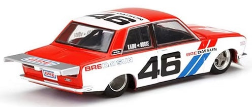 1/64 scale mode of a Datsun 510 in red and white with Bre Datsun on the sides and #46 on the sides, roof and hood.