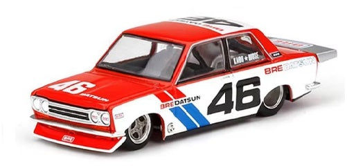 1/64 scale mode of a Datsun 510 in red and white with Bre Datsun on the sides and #46 on the sides, roof and hood.