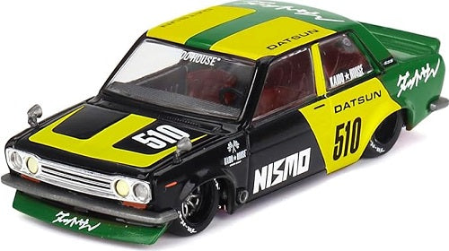 Model car of a Datsun 500 in green, yellow, and black.