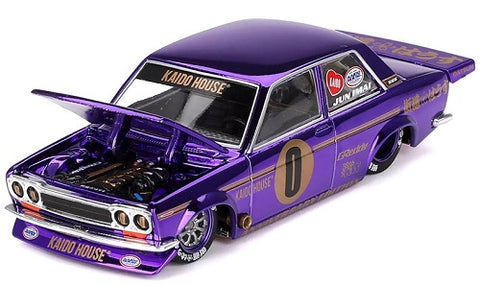 A model of a metallic purple Datsun 500 with hood open.