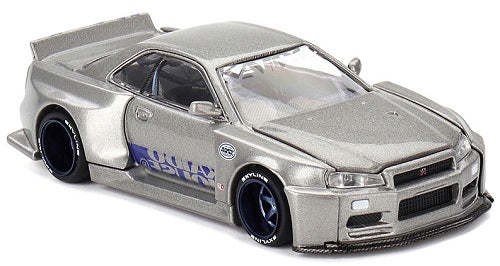 1/64 scale model of a silver Nissan Skyline.