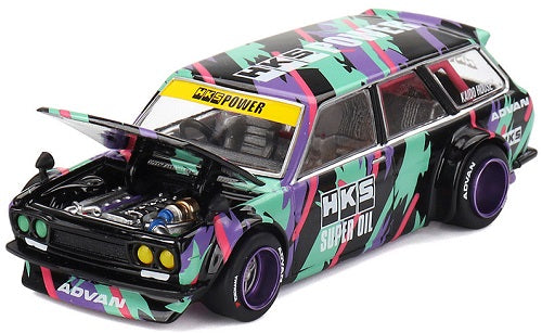 Colorful Datsun 510 Wagon with open hood.
