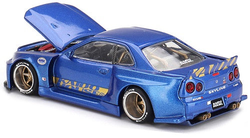 1/64 scale model of a blue Nissan Skyline.