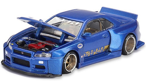 1/64 scale model of blue Nissan Skyline with the Hood open.