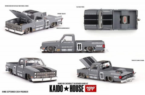 1/64 scale model of Chevrolet Silverado in gray with 2 black stripes pictured at 5 different angles.