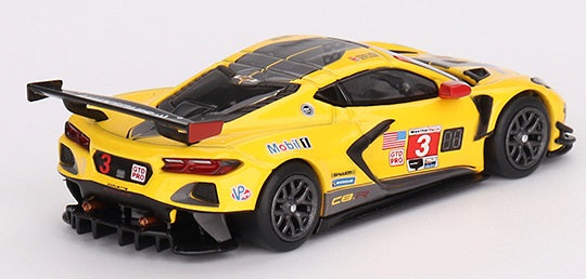 1/64 scale model of yellow Chevy Corvette with #3 and various racing graphics.