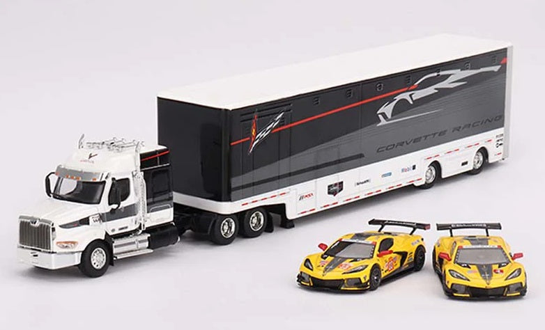 Two 1/64 scale models of Chevrolet Corvette C8R in yellow color, accompanied by a white truck with racing decals and a trailer.