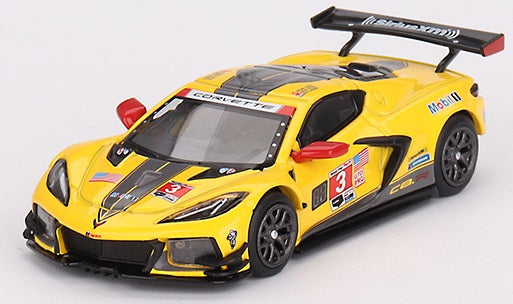 1/64 scale model of yellow Chevy Corvette with #3 and various racing graphics.