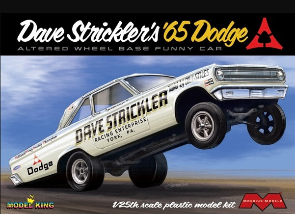 1/25 scale model kit of a 1965 Dodge Dave Strickler Funny Car with an altered wheel base, depicted in a dynamic racing pose.