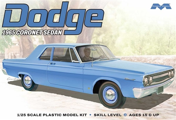 Illustrated box art of 1/25 scale blue 1965 Coronet Sedan on a faded scene.