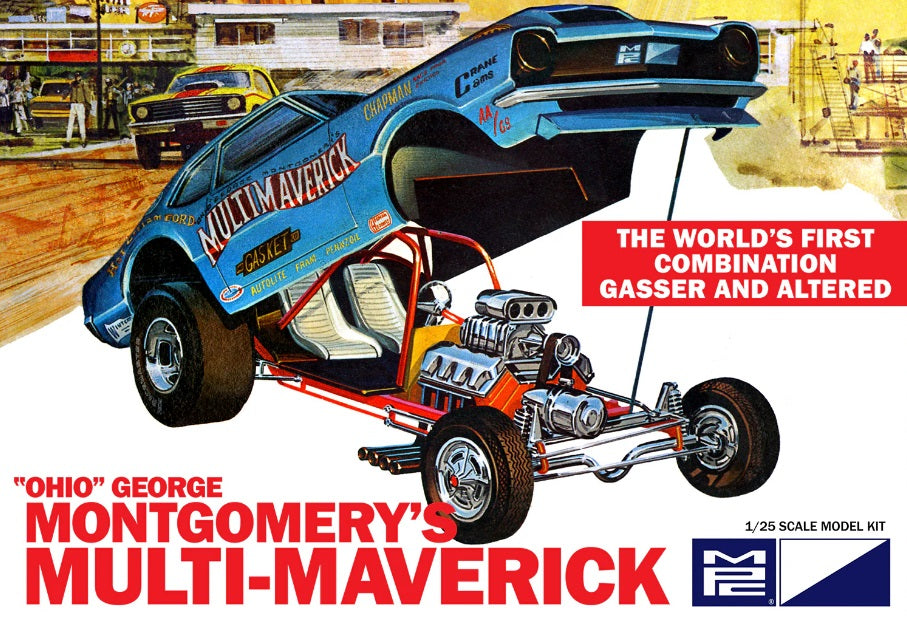 Box art showing 1/25 Scale model kit of "Ohio" George Montgomery's Multi Maverick Gasser.
