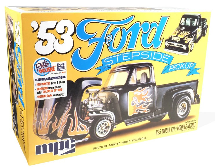 Package for a model kit of a 1953 Ford Stepside Pickup Truck.