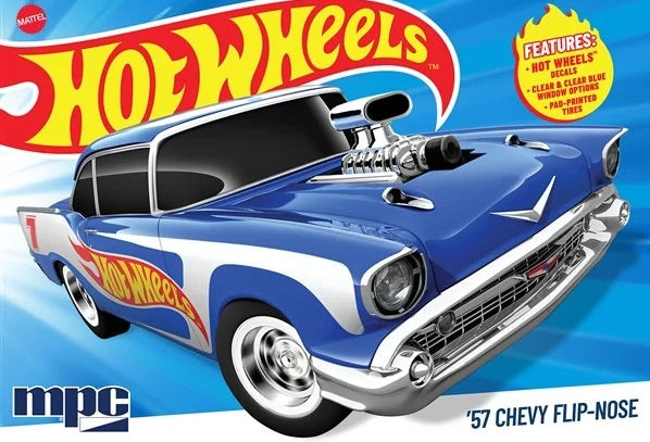 Hot Wheels '57 Chevy Flip-Nose model car packaging with blue and white car design with Hot Wheels branding.