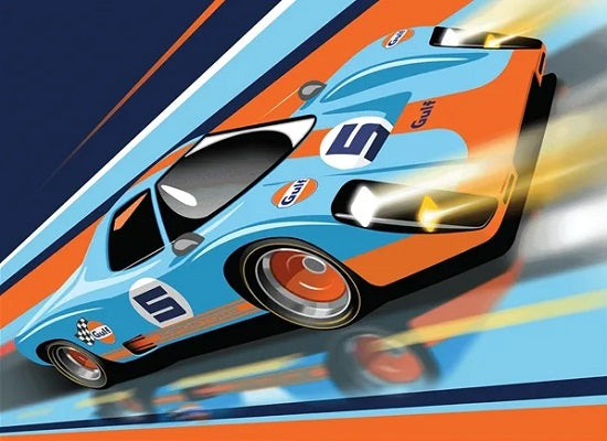 Illustrated art work of a blue and orange "Gulf" branded race car.