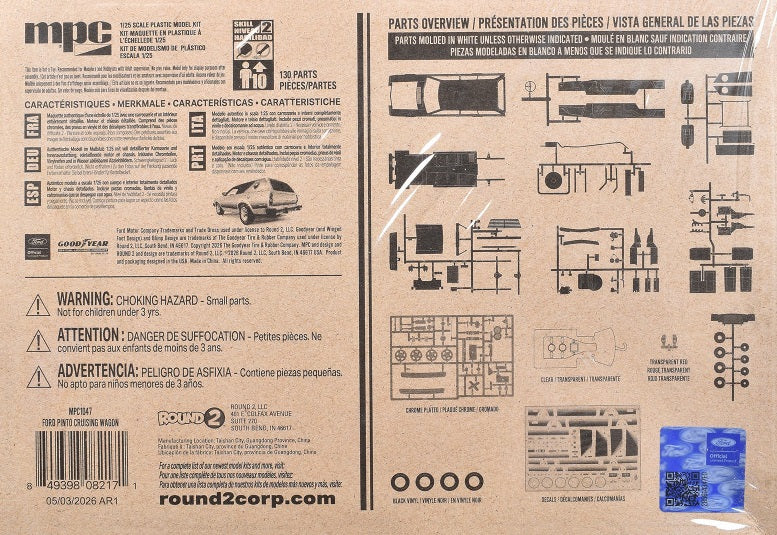 Back of a model kit box showing parts overview, warning labels, barcode, and product information.