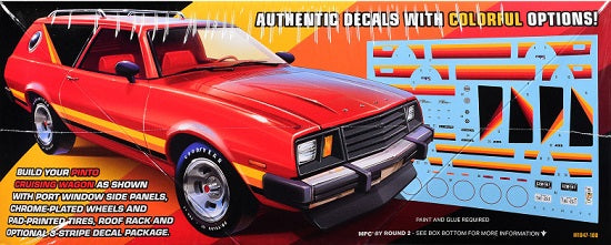 Box art for Pinto Wagon showing assembled model kit and decal sheet.