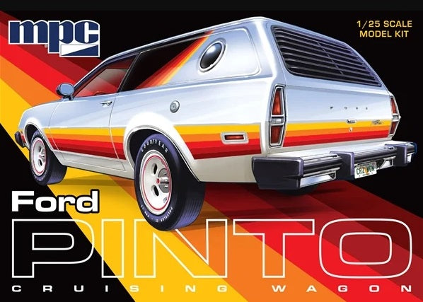 Front cover of an MPC model kit for the Ford Pinto Cruising Wagon, showing a 1/25 scale model car with a silver body and red, orange, and yellow retro stripes, set against a black background with bold text.