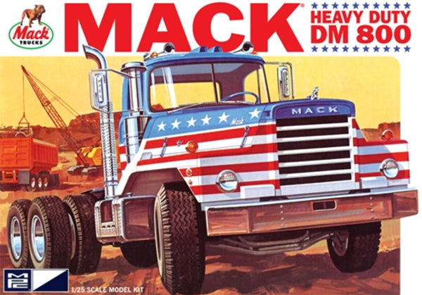 Model Kit box art of Mack Heavy Duty DM 800 painted with red and white stripes and a line of white stars on a blue.