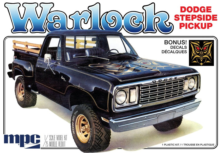 Box art for 1/25 model kit of Dodge Warlock Pickup truck painted black with gold details.