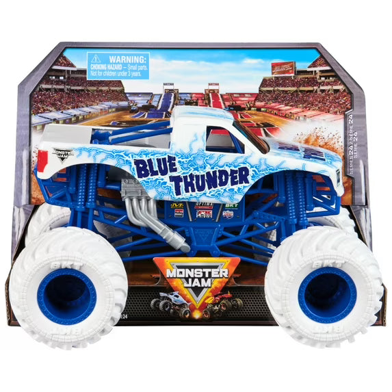 1/24 Scale Blue Thunder Monster Truck with White body, blue chassis, blue wheels, and white tires