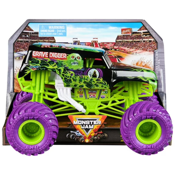 1/24 Scale Grave Digger Monster truck toy with purple tires.