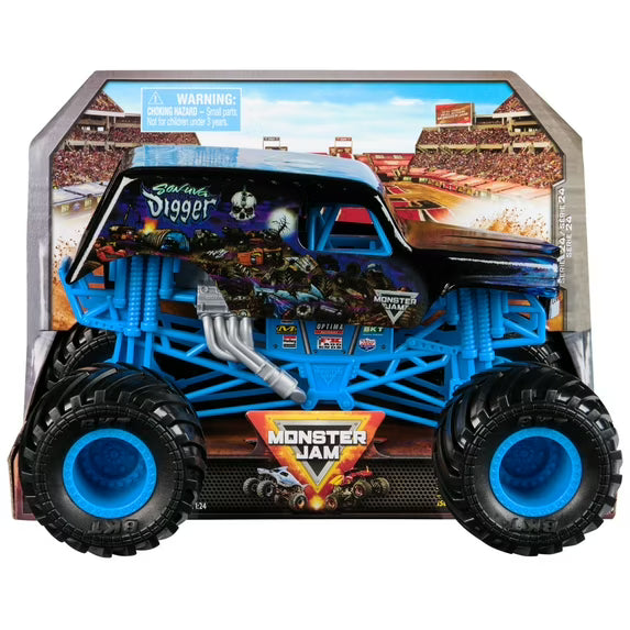 1/24 Scale SonUva Digger Monster Jam Truck with blue chassis and blue wheels