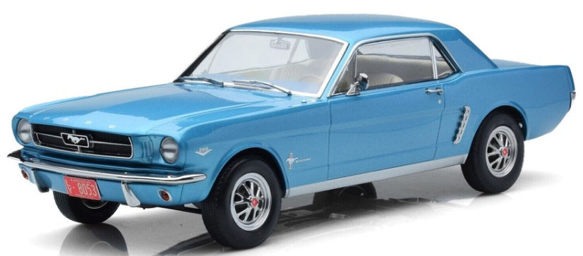 A 1/18 scale model of a 1965 Ford Mustang Hard Top Coupe in blue color.