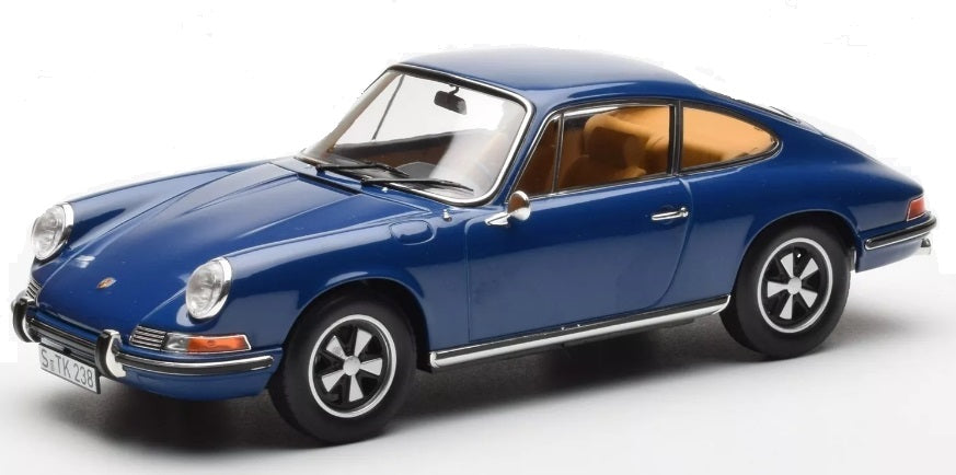 A 1/18 scale model of a 1969 Porsche 911 S in blue color.