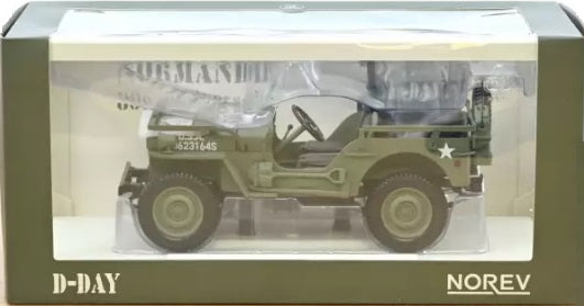 1/18 scale model of 1944 Army Jeep D-Day in box with clear display window.
