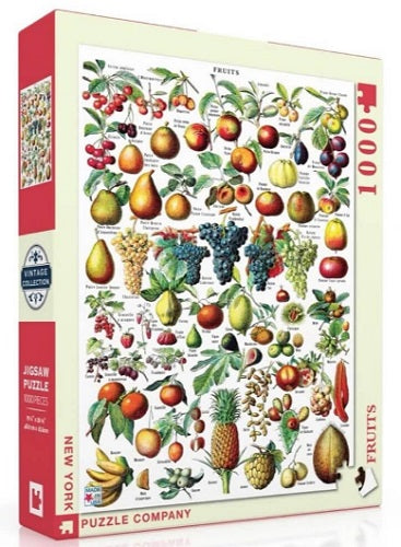 Jigsaw puzzle box with illustrations of fruits on a white background