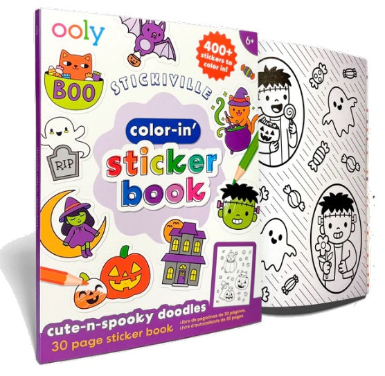 Halloween themed color your own sticker book with colorful example pictures and a sample of a blank sticker page.