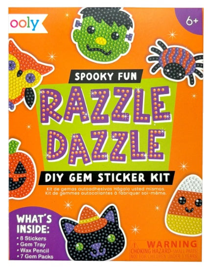 Ooly Razzle Dazzle Halloween themed art kit that includes a spider, black cat, candy corn, owl, monster character and jack-o-lantern gem art sticker.