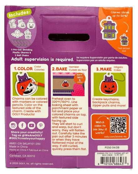 Back of package with instructions for OOLY Shrink-Its Boo Crew, Halloween themed shrink art kit.