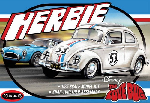 Herbie Voilkswagen Beetle racing a blue car with Disney and The Love Bug logos