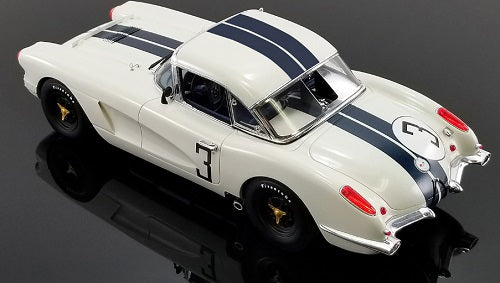 Model of white 1960 Corvette with Blue stripes and #3 on doors and trunk.