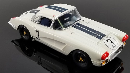 Model of white 1960 Corvette with Blue stripes and #3 on doors and front.