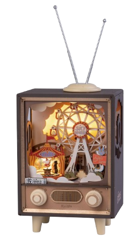 Carnival scene in a box that looks like a miniature television